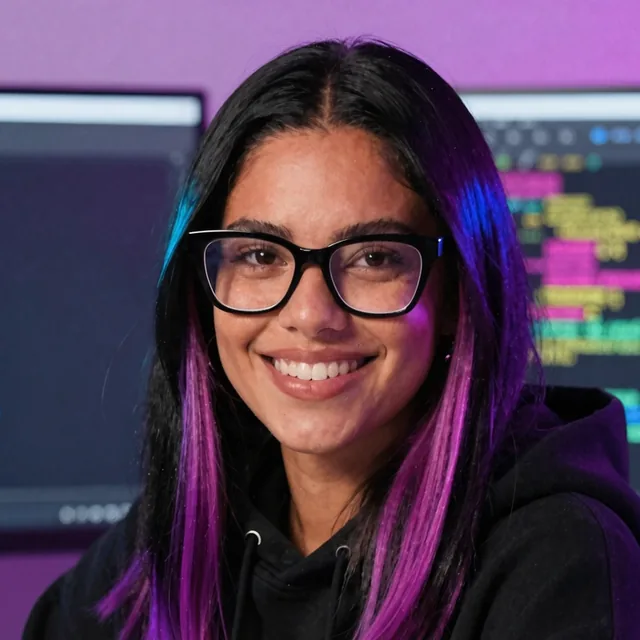 Ada, assistente virtual da SanWeb, de óculos e mechas roxas
