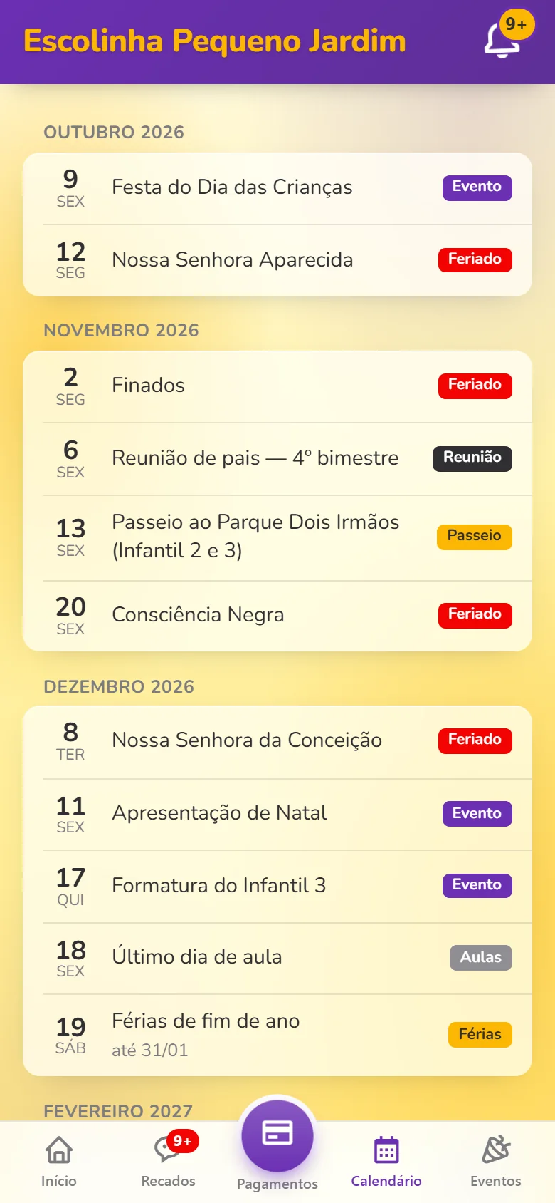 App dos pais: Calendário