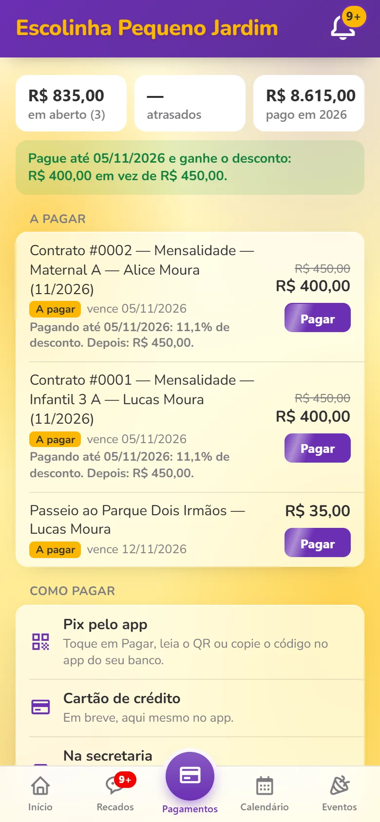 App dos pais: Pagamentos