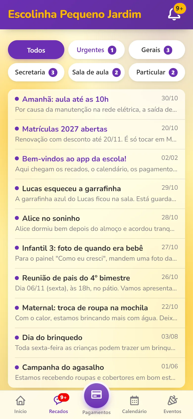 App dos pais: Recados