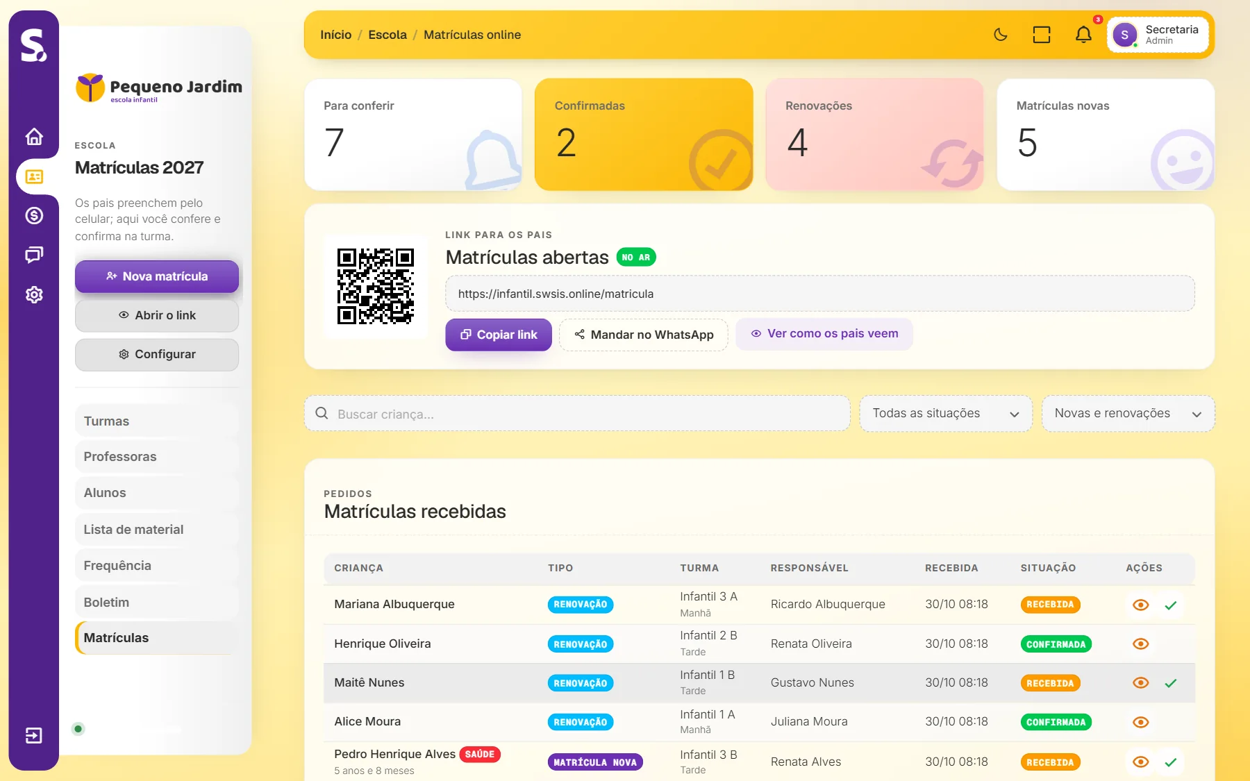 Sistema da secretaria: Matrículas pelo link