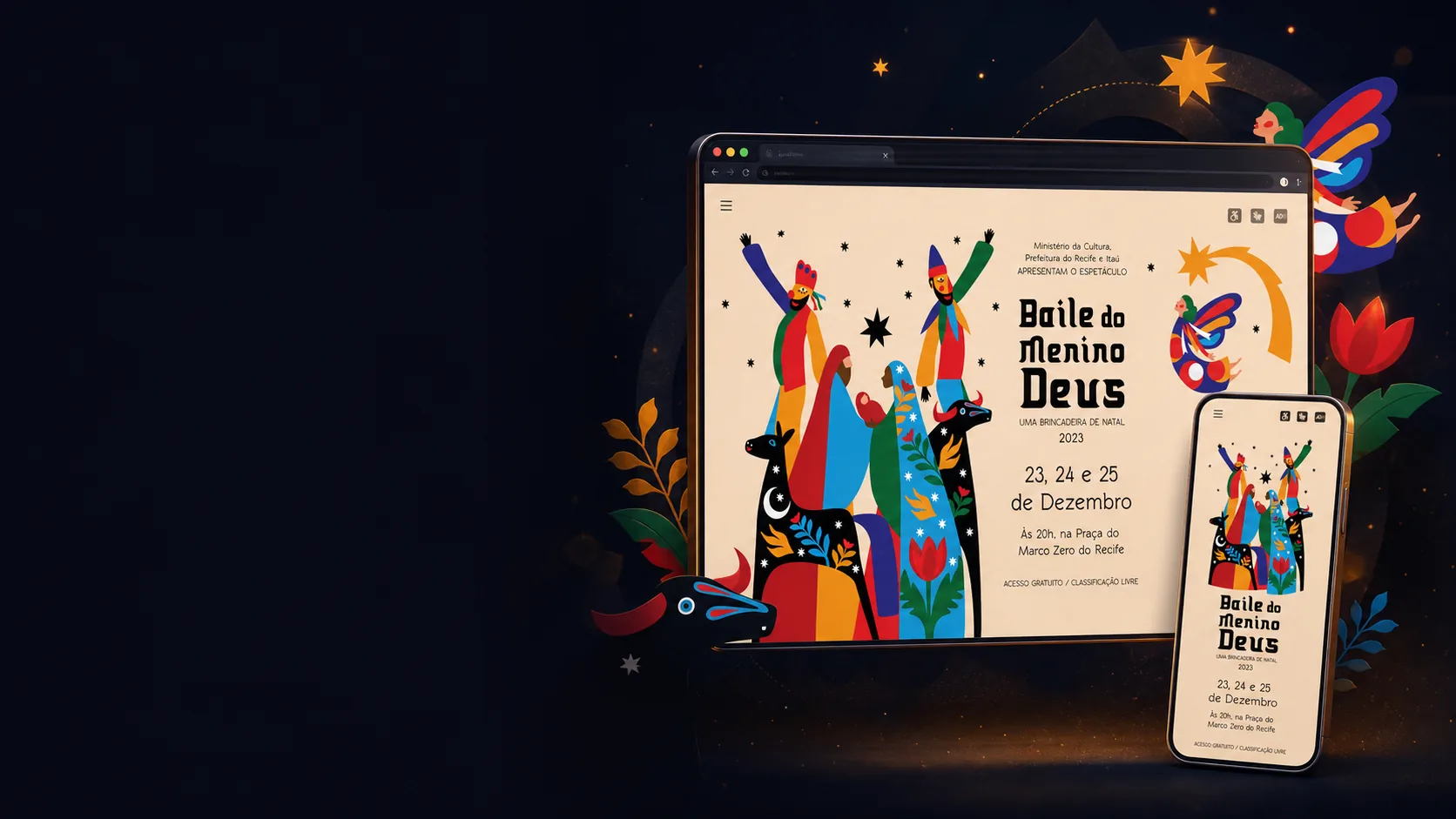 Ilustração colorida do espetáculo Baile do Menino Deus