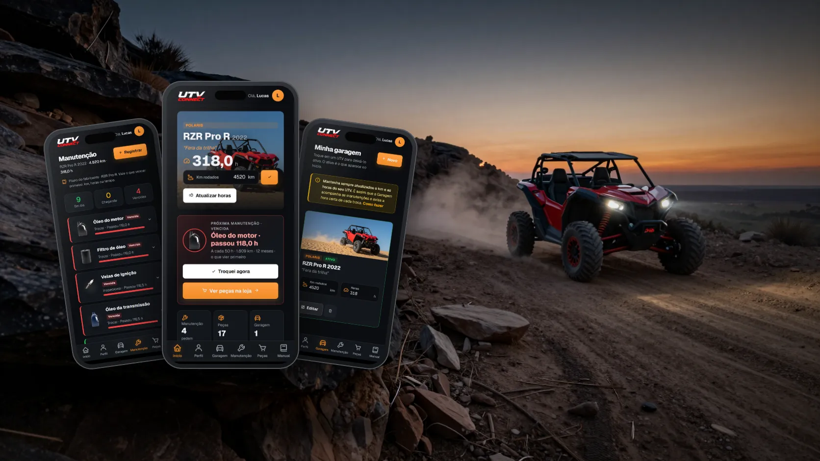 Aplicativo Garagem da UTV Connect em três celulares numa trilha