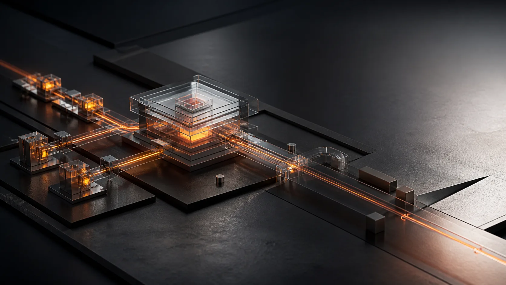 Estrutura modular conectada por fluxos de luz representando sistemas integrados