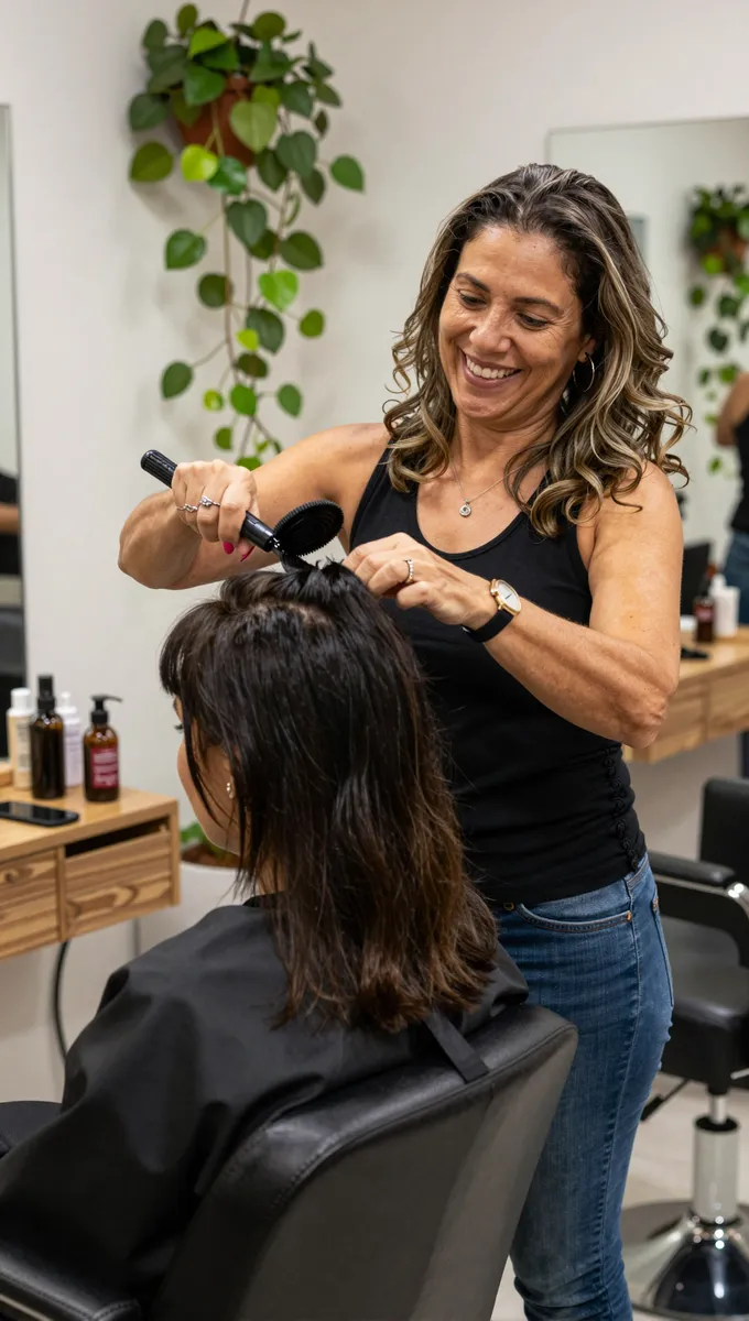 Cabeleireira atendendo uma cliente no salão