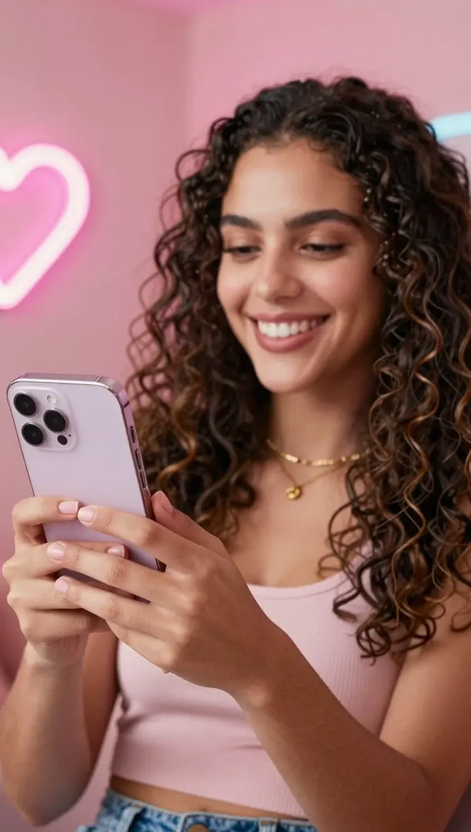 Empreendedora sorrindo com o celular, mostrando o link na bio do Instagram