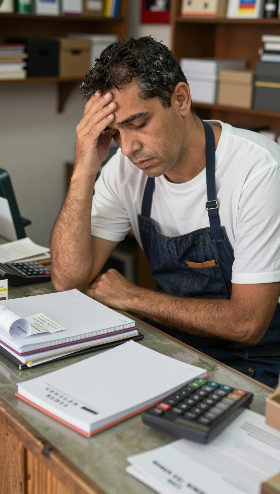 Dono de loja cansado no meio de cadernos e papéis