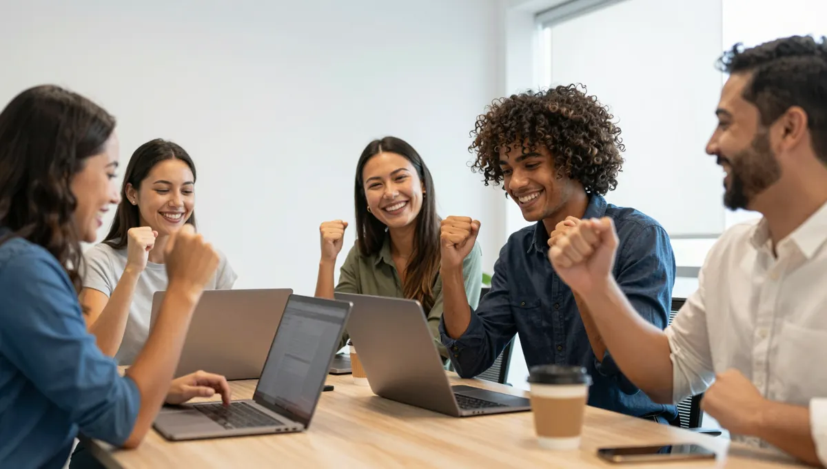 Equipe da empresa comemorando o resultado